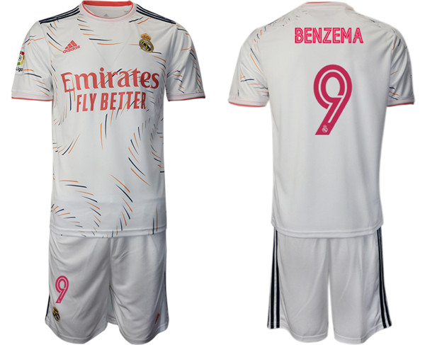 Men's Real Madrid #9 Karim Benzema 2021/22 White Home Soccer Jersey Suit